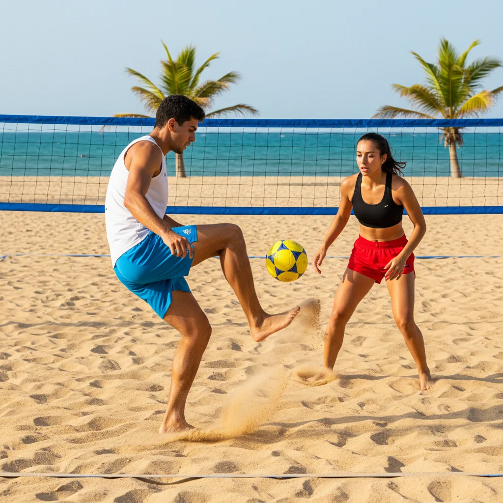 Footvolley players performing a fast-paced passing drill, emphasizing quick reactions and ball control.