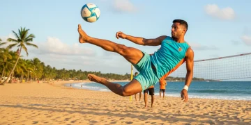 Footvolley player executing a perfect first touch on a beach court