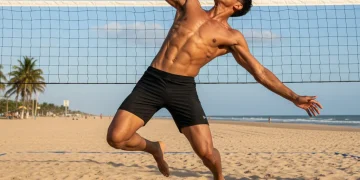 Footvolley player executing a powerful header with strong core