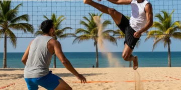 Master Footvolley Stamina: Ultimate Conditioning Drills for 60-Minute Matches Footvolley players on beach court intense action