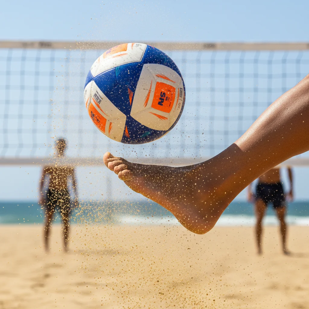 Detailed view of a footvolley player's foot making precise contact with the ball.