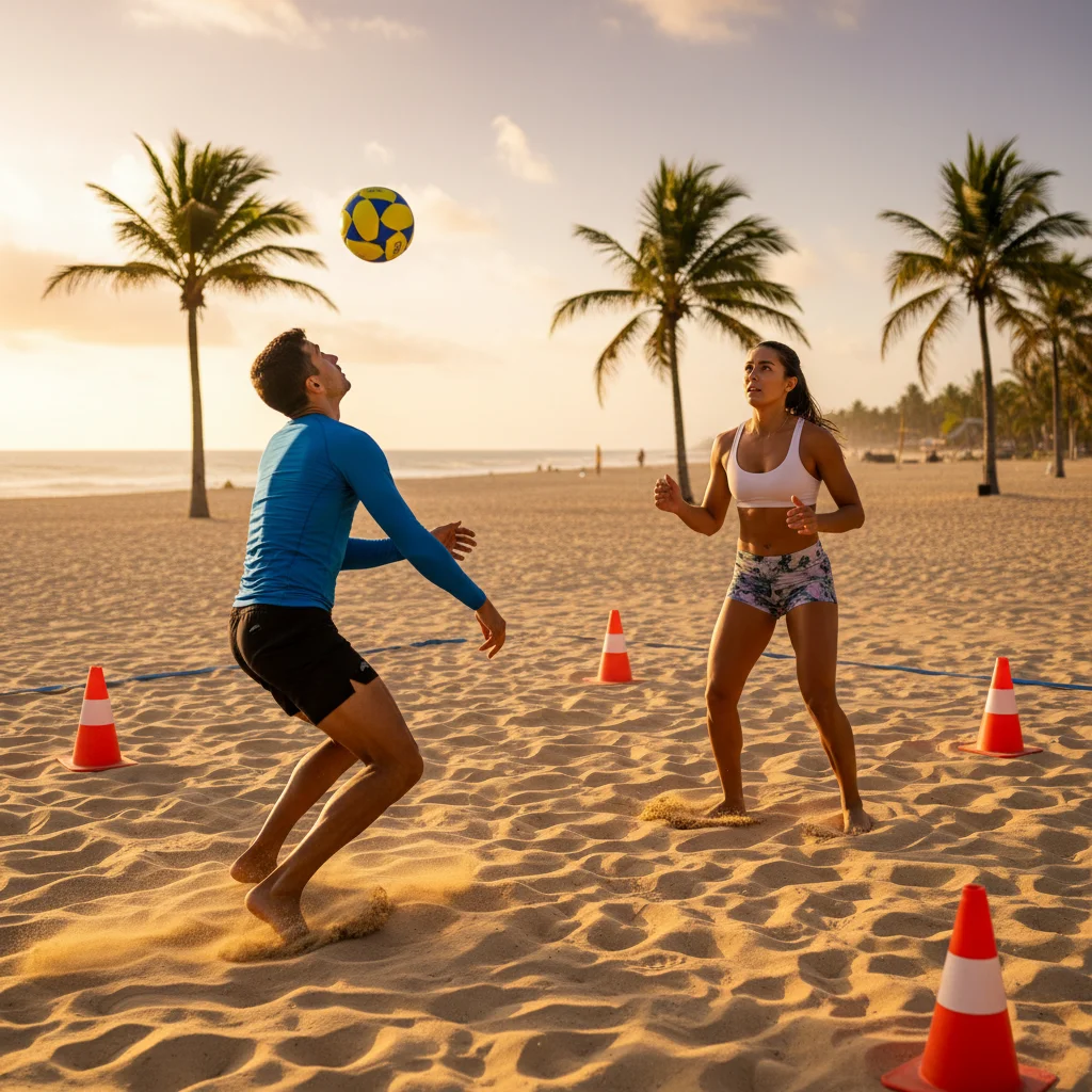 Footvolley players performing a dynamic receiving and first touch drill