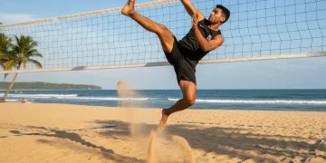 Mastering Footvolley Serve Accuracy: Drills for a 15% Boost in 3 Months Footvolley player executing a powerful and accurate serve on a sunny beach court.