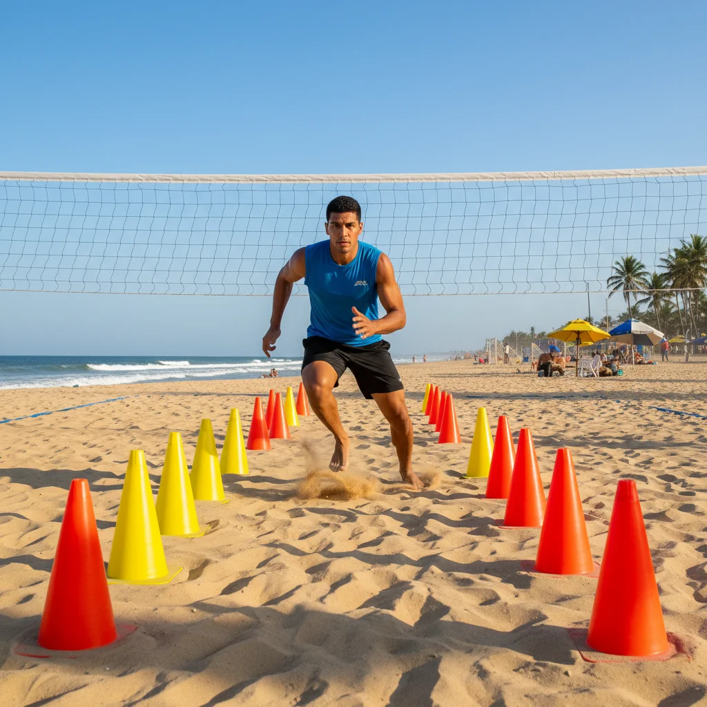 Footvolley player doing shuttle run drill with cones on beach court