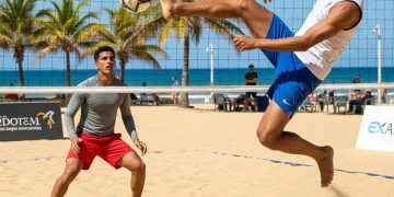 Footvolley player spiking ball over net during intense attack drill