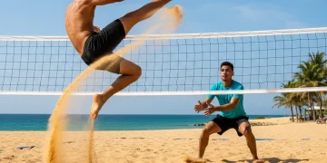 Footvolley player spiking ball over net on sunny beach court.