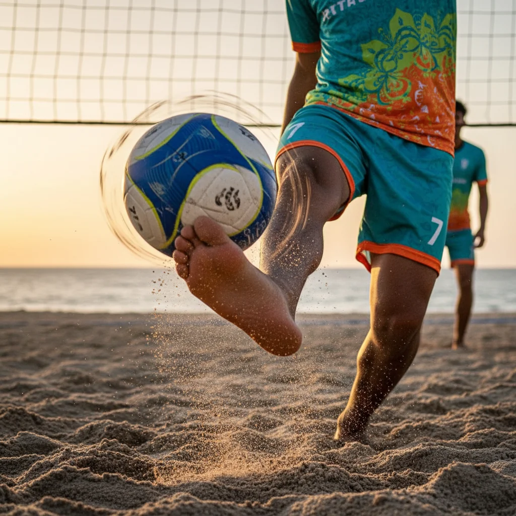 Detailed view of footvolley player's foot contacting the ball for a spin serve.