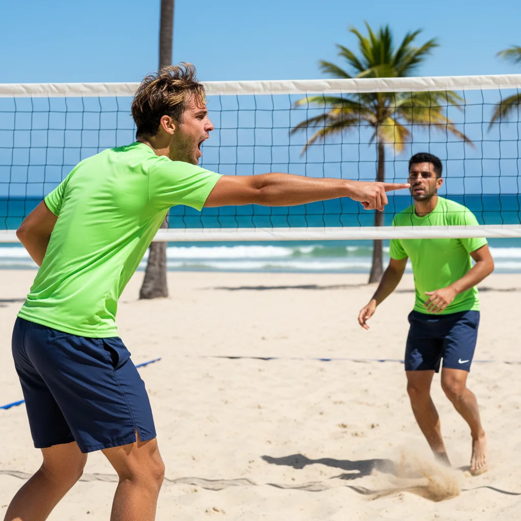 Footvolley player communicating strategy to partner mid-game.