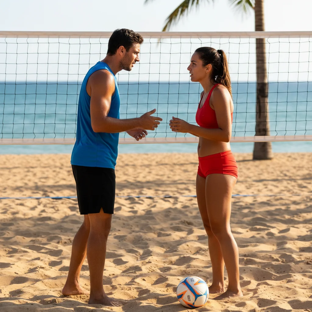 Footvolley partners discussing game strategy on the court during a timeout