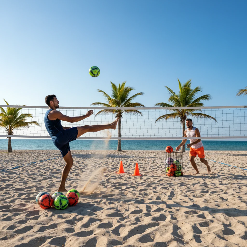 Footvolley players practicing targeted serving drills with cones on a beach court.