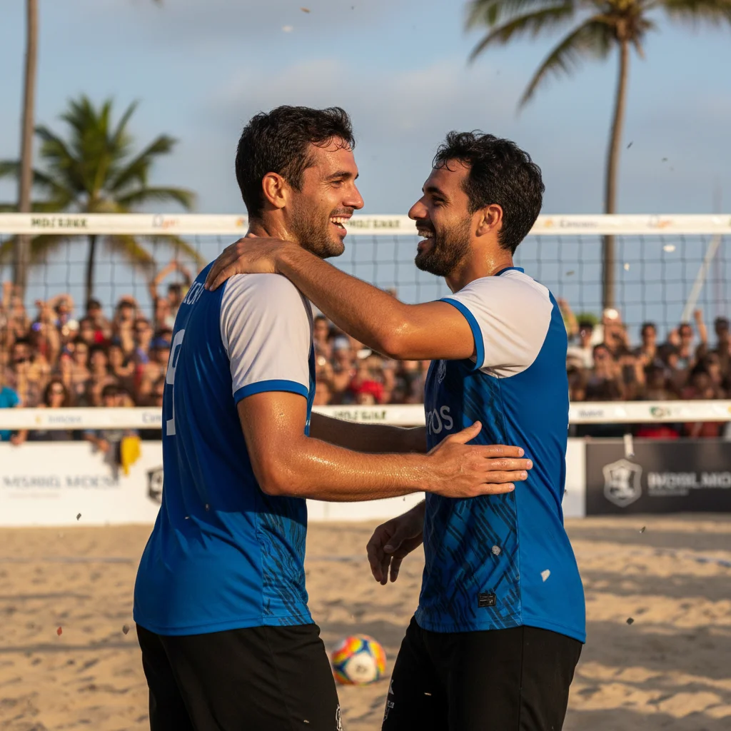 Footvolley players celebrating a winning point with high spirits and camaraderie.