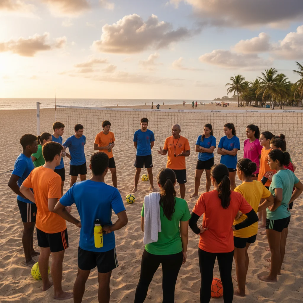 Young footvolley athletes receiving coaching on a sandy court, demonstrating teamwork.
