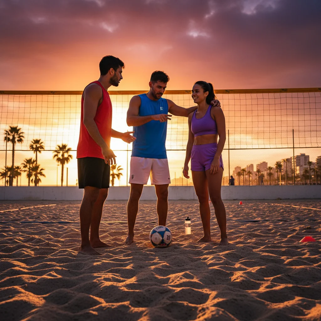 Footvolley team discussing strategy and communication during a 3-touch drill training session.
