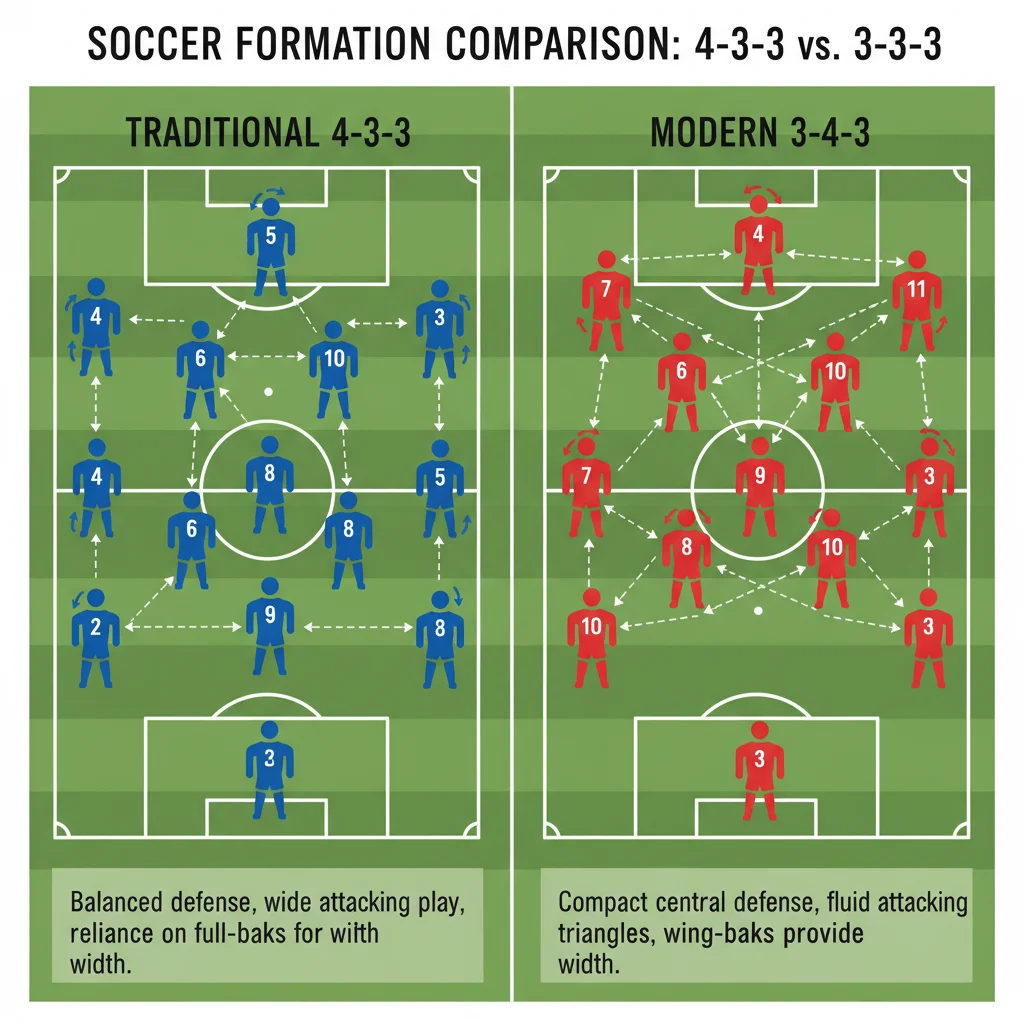 Comparison graphic of 4-3-3 versus 3-4-3 soccer formations, showing tactical differences and player roles.