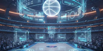 Futuristic basketball arena with holographic NBA team efficiency stats 2026