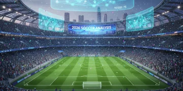 Futuristic soccer stadium displaying advanced attacking metrics for 2026 analysis.