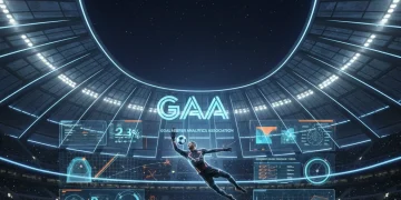 Goalkeeper in action, surrounded by holographic data visualizations representing advanced analytics and performance metrics for football.