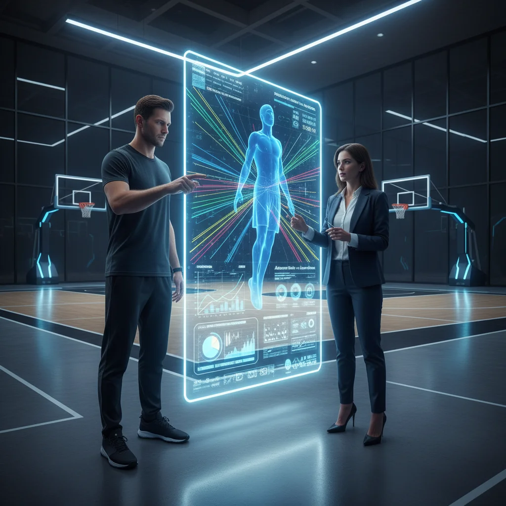 Coach and analyst examining holographic player projection data