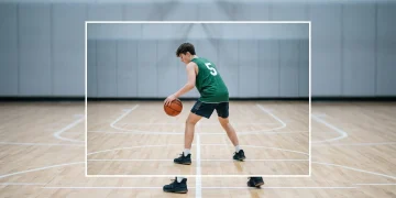 Um jovem jogador de basquete driblando a bola em uma quadra minimalista, focado na técnica e aprendendo os fundamentos do esporte.