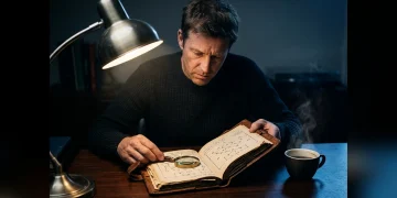 Um analista de futebol debruçado sobre um antigo livro de táticas, iluminado por uma luminária de mesa, simbolizando a necessidade de ir além da observação superficial no esporte.