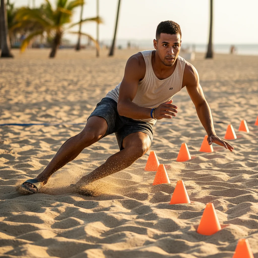 Footvolley player executing lateral shuffle drill on sand with cones.