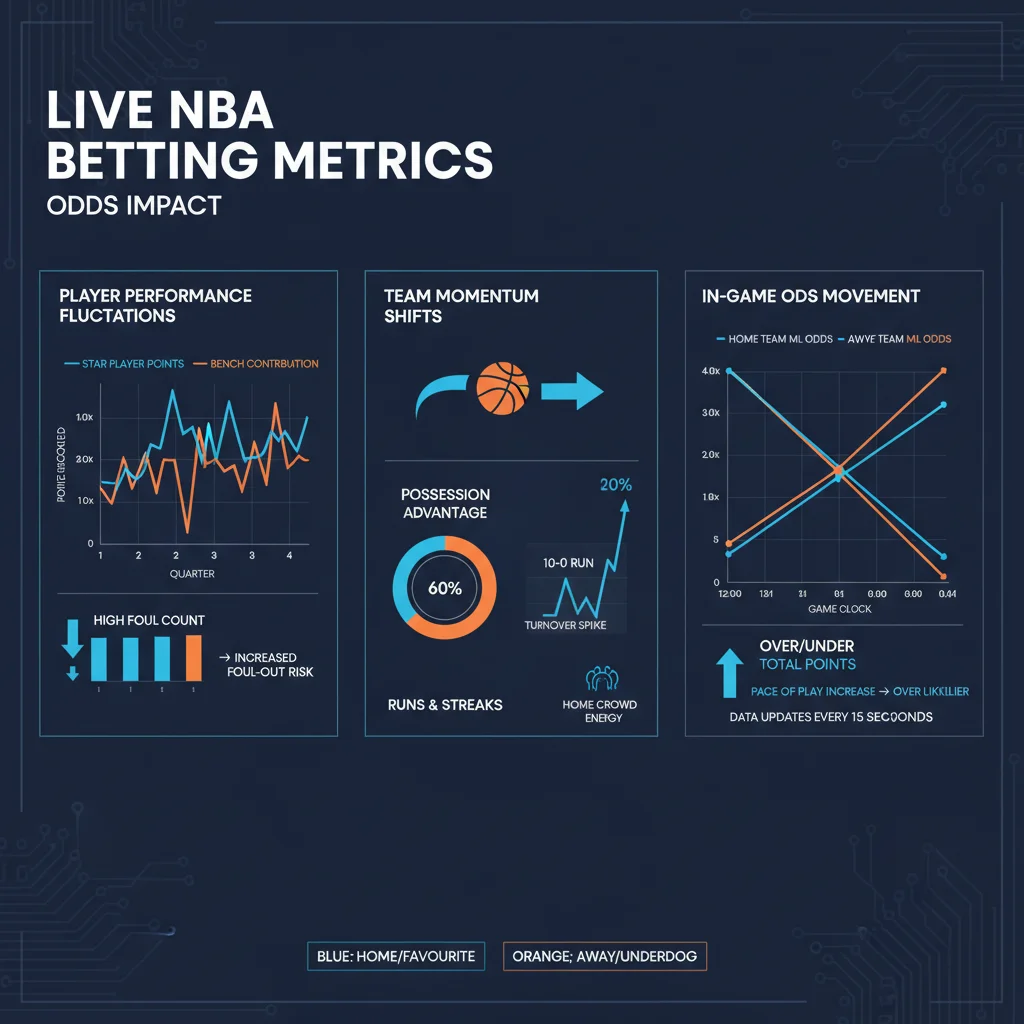 Infographic showing live betting metrics, player performance, team momentum, and odds changes during an NBA game.