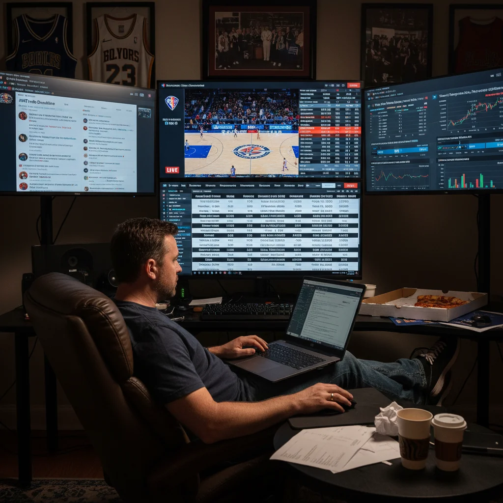 Sports bettor analyzing NBA live stats and betting lines.