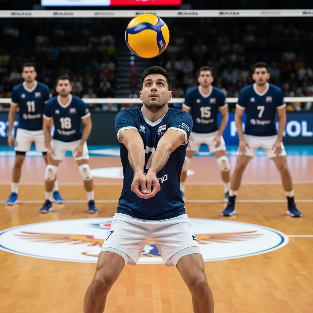 Male US volleyball setter delivering a precise ball during a crucial game.