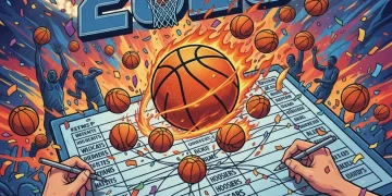 March Madness 2026 bracket with basketballs and confetti
