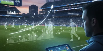 MLS scout analyzing data on a tablet with digital overlays of player metrics on a soccer field.