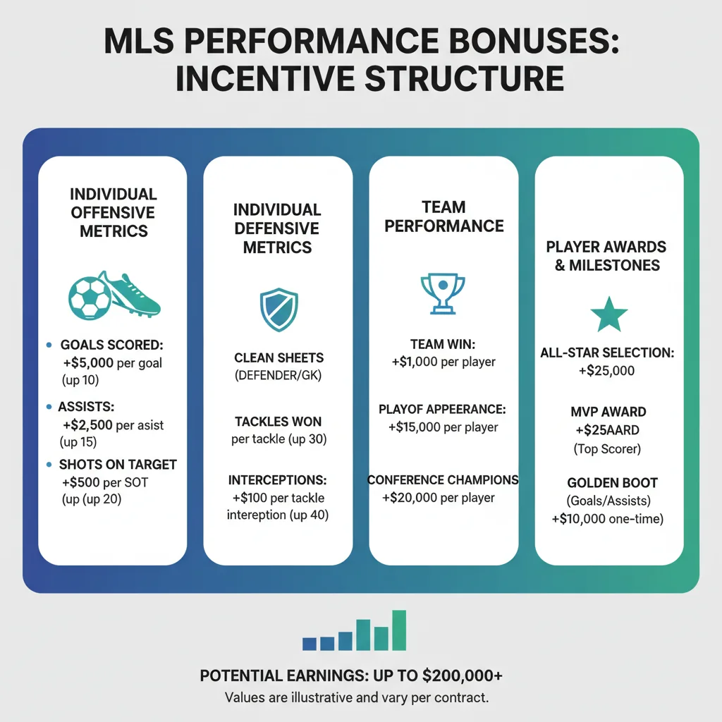 Infographic detailing various performance bonus structures in MLS contracts.
