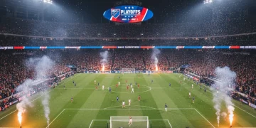 MLS playoff match in a packed stadium at night, showcasing intense soccer action and fan excitement.