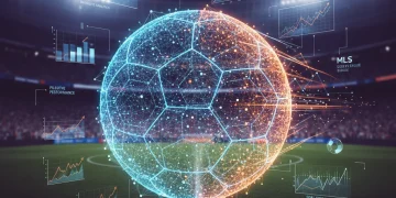 Futuristic soccer ball made of data points representing predictive analytics in MLS