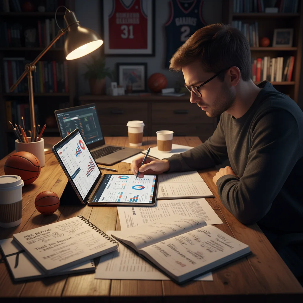 Person analyzing NBA team statistics and performance data on a tablet for informed betting decisions.