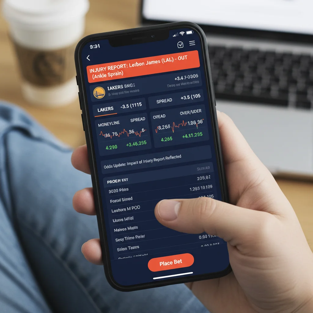 Smartphone displaying NBA betting app with injury alert and odds changes