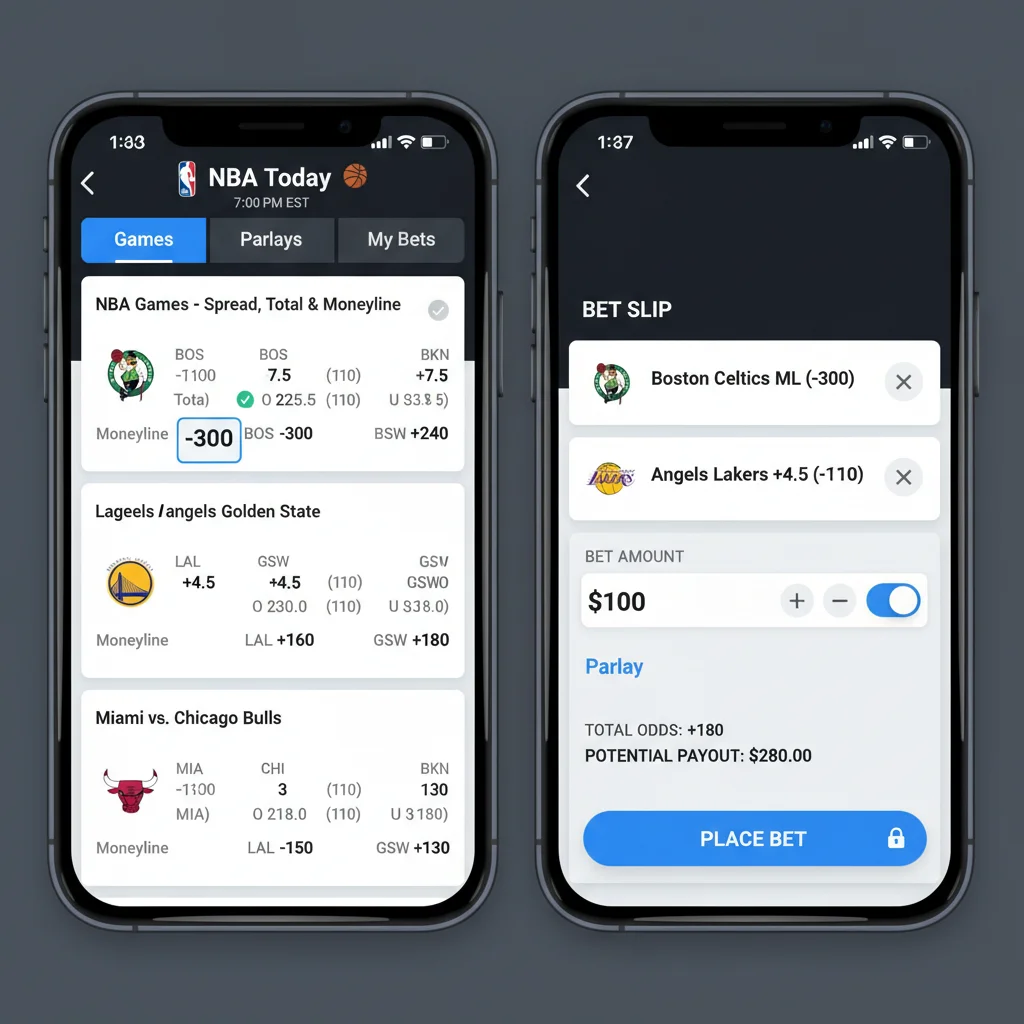 Screenshot of a sports betting app interface displaying NBA game odds and parlay building options.