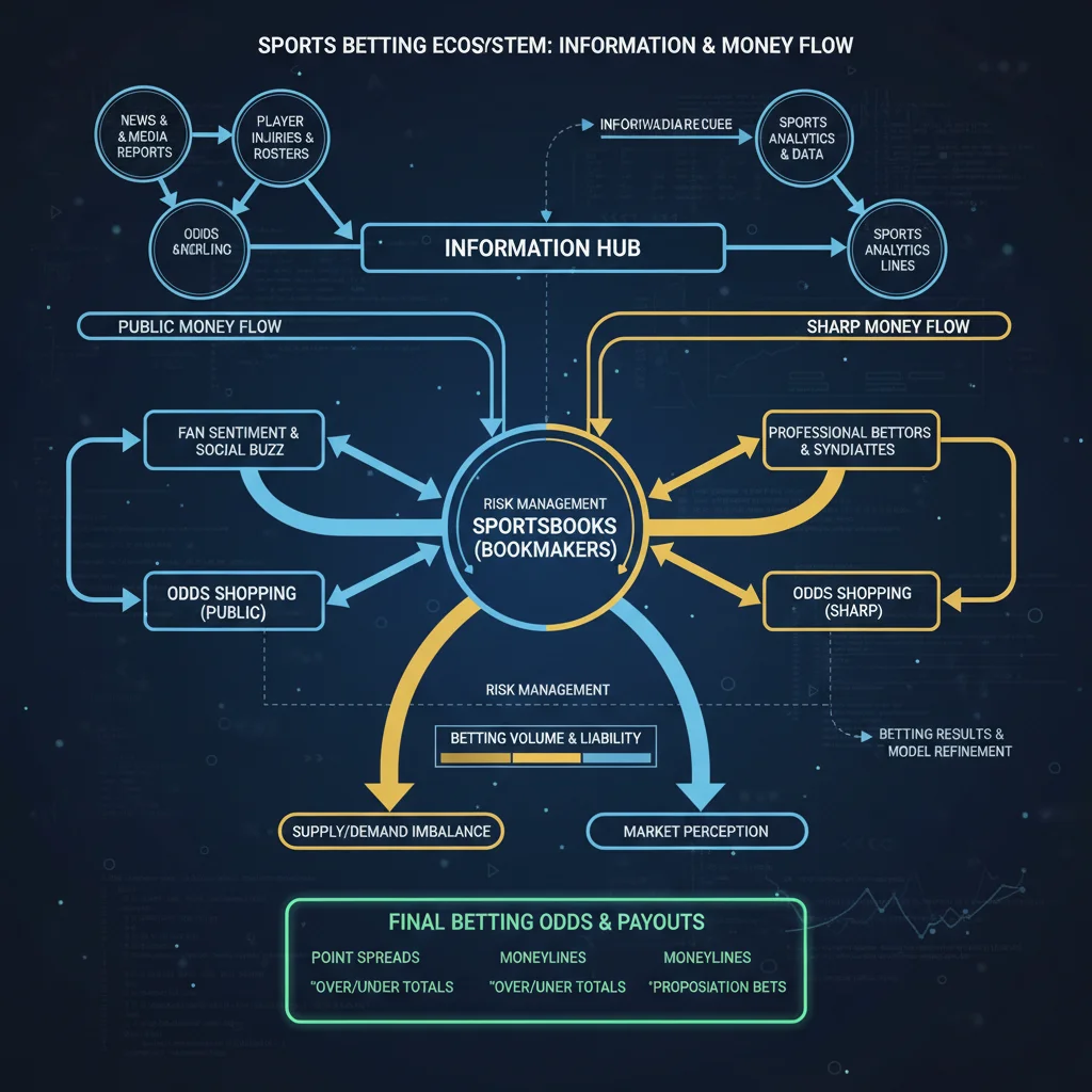 Diagram showing the intricate flow of information and money influencing NBA betting lines and odds.