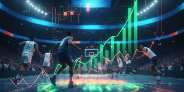 Dynamic visual representing NBA betting odds, public money flow, and sharp money influence on a basketball court.