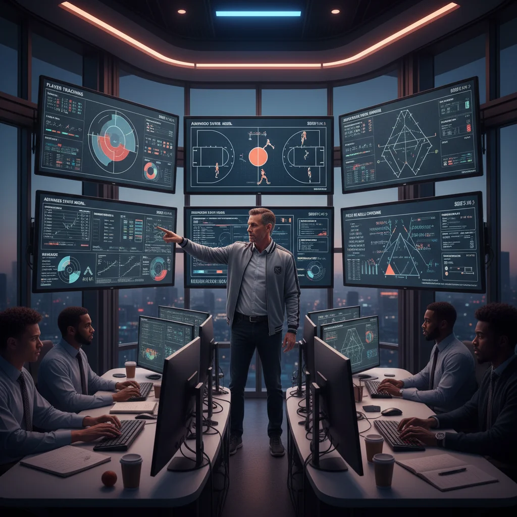 NBA coach analyzing real-time player tracking data and advanced analytics