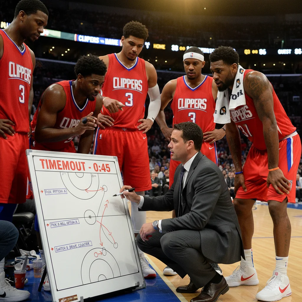 NBA coach strategizing with players during a timeout, emphasizing tactical adjustments.