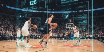 Dynamic NBA court with digital betting data overlay 2026