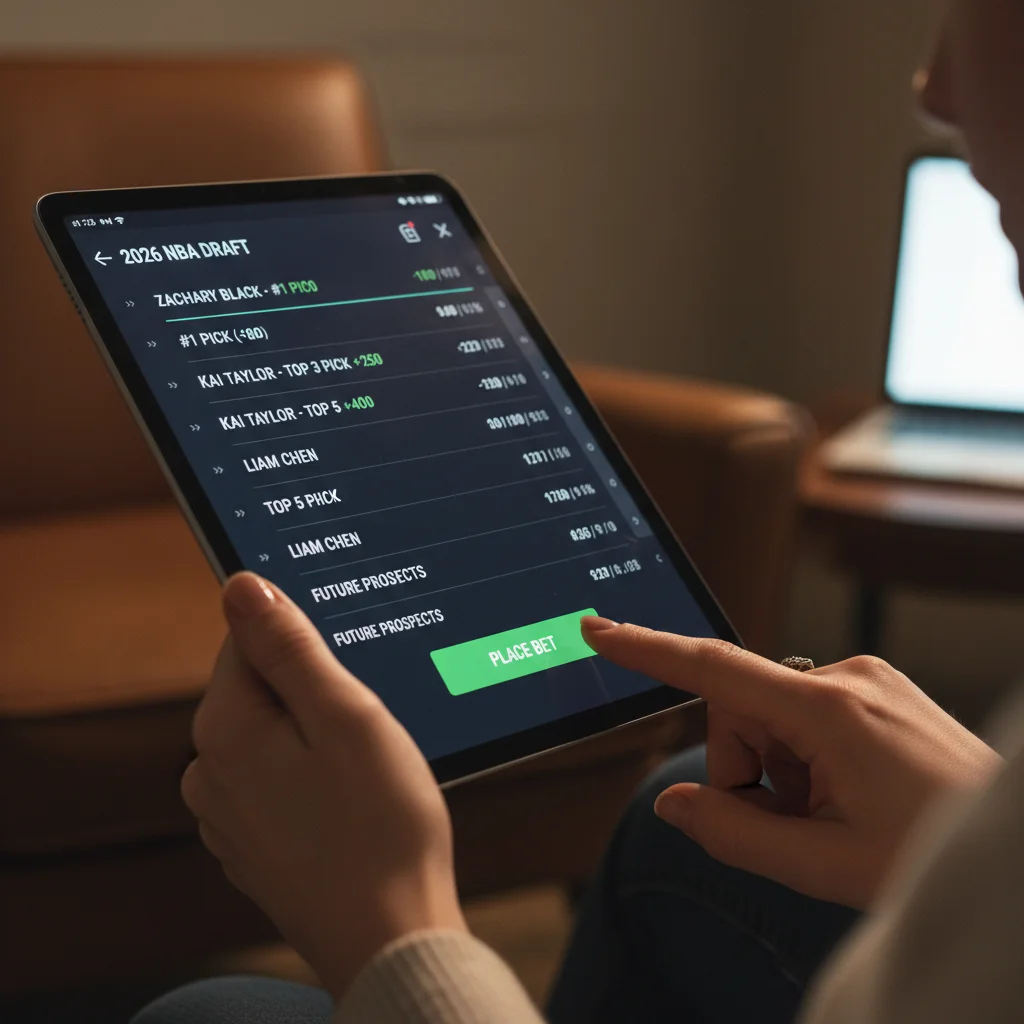 Tablet showing NBA Draft betting odds and lines, with a hand preparing to place a bet.