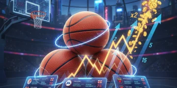 Dynamic graphic showing NBA parlay betting slips, basketballs, and financial growth charts for 2026.