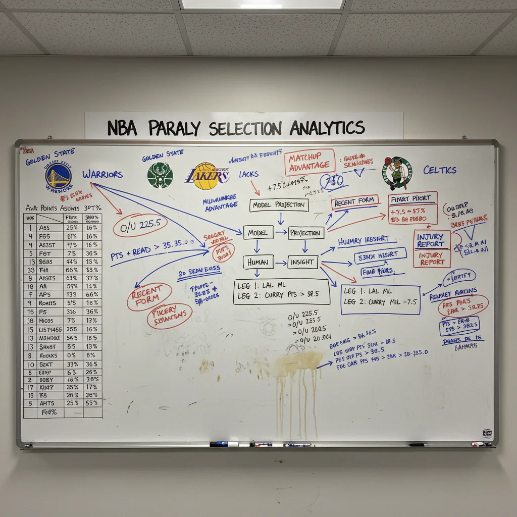 Whiteboard with detailed NBA team statistics, player analysis, and strategic notes for parlay betting.