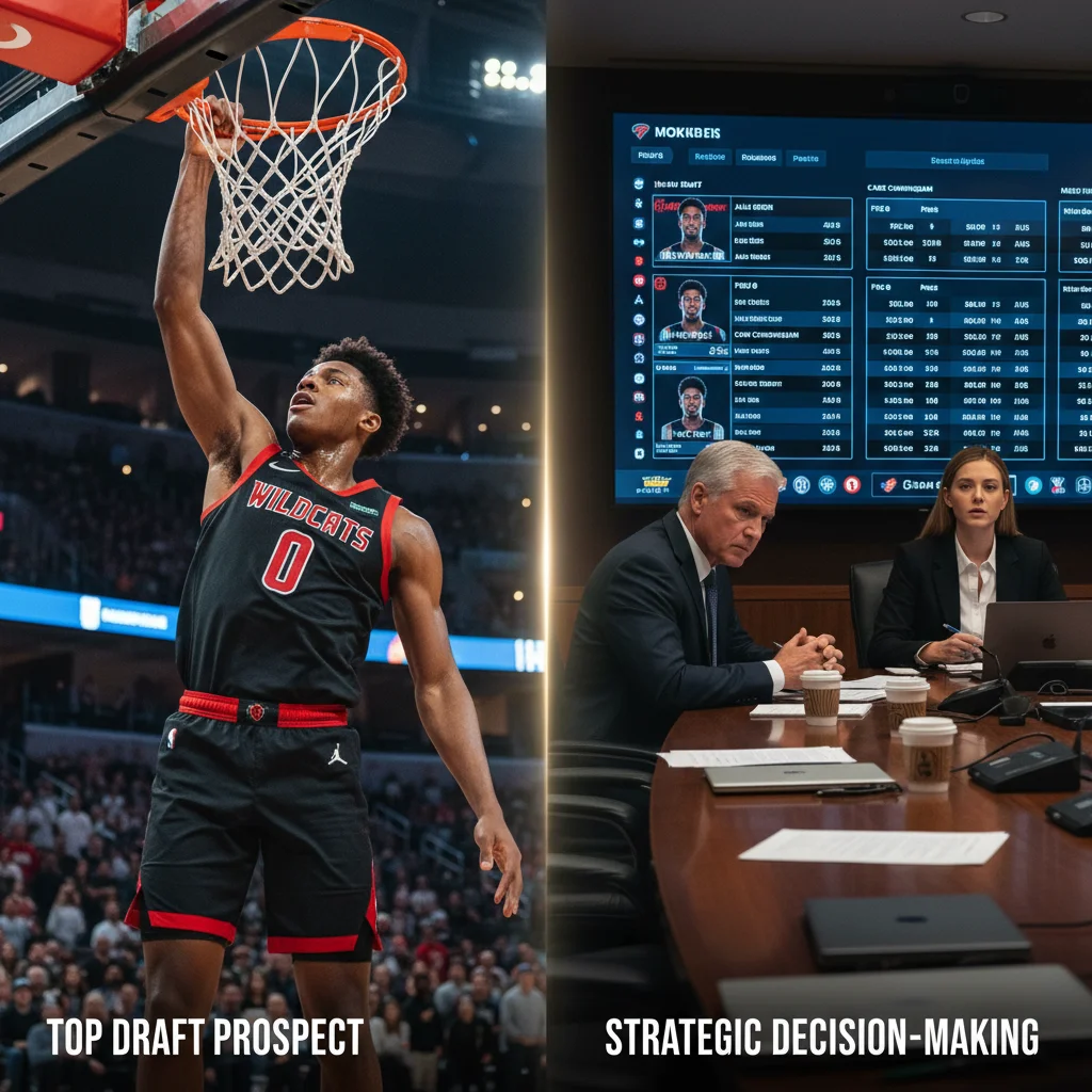 Future NBA prospect mid-dunk contrasted with team executives analyzing draft data.