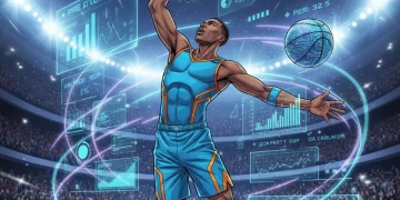 Dynamic illustration of a rising NBA rookie with analytical data overlay, symbolizing advanced performance prediction.