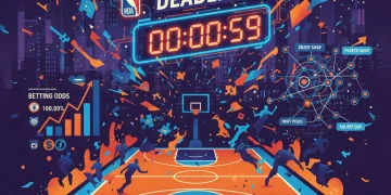 NBA trade deadline countdown with betting odds and player movement graphics.