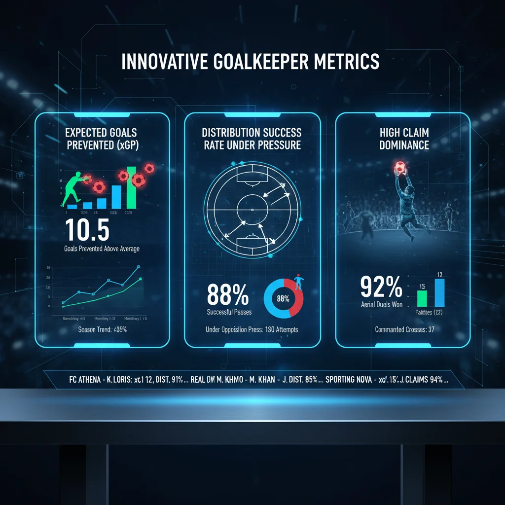 Infographic detailing advanced goalkeeper metrics, including expected goals prevented and distribution success rate under pressure, with charts and data.