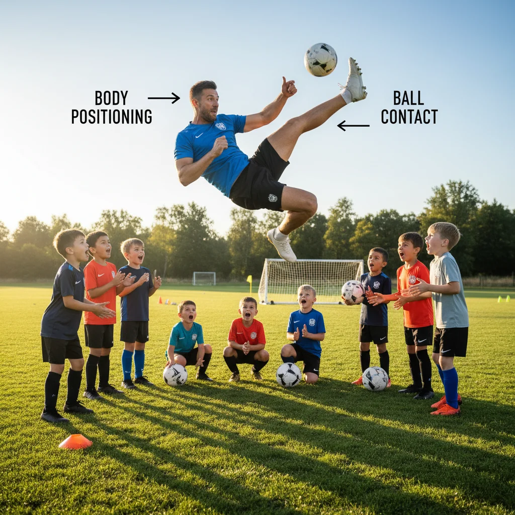 Football coach demonstrating overhead kick technique to youth players.