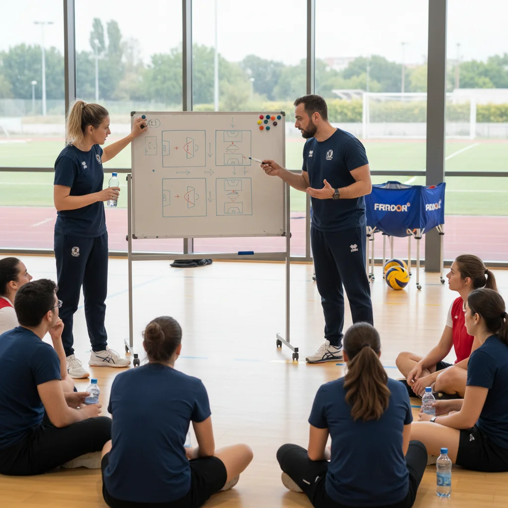 Paralympic volleyball coaches strategizing with athletes
